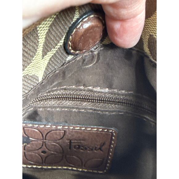 Fossil Signature Marlow Crossbody Bag Brown Floral Leather Trim Fabric 8.5"x9" - Picture 9 of 13